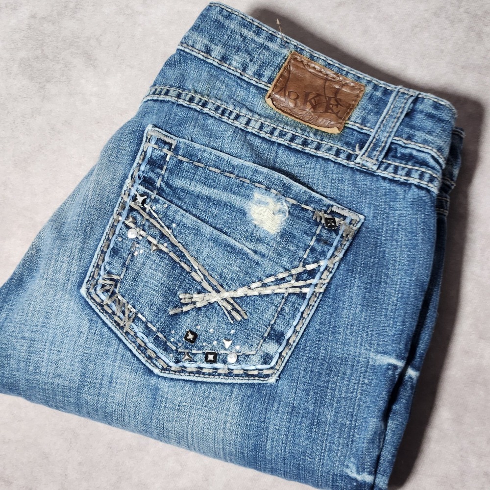 BKE Sabrina Bootcut Jeans Women 29x31.5 Medium Wash Distressed Embellished Denim